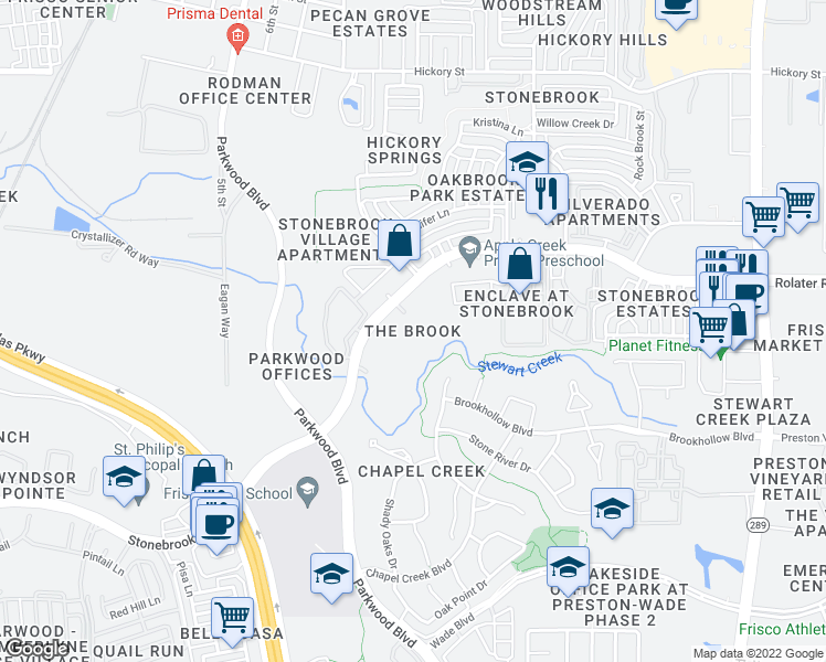 map of restaurants, bars, coffee shops, grocery stores, and more near 7549 Stonebrook Parkway in Frisco