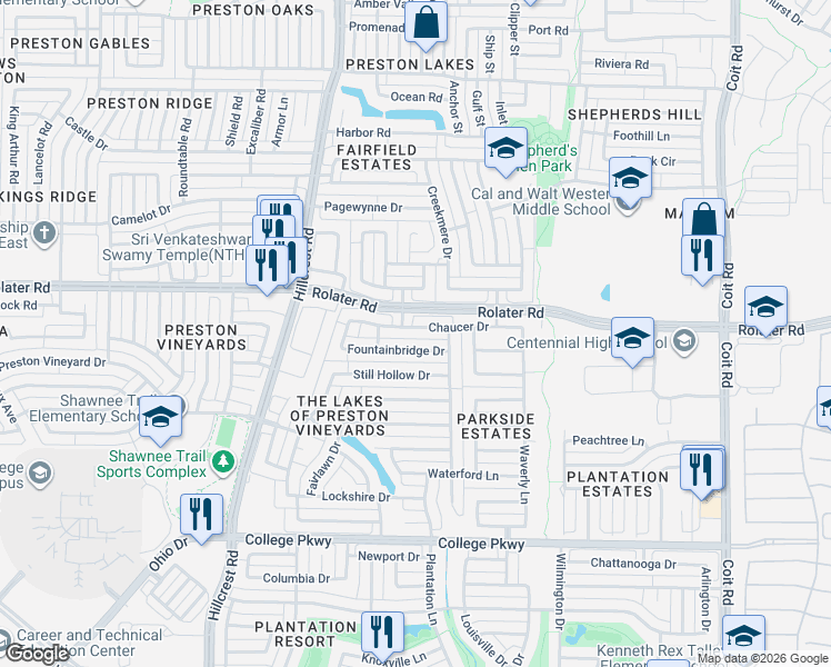 map of restaurants, bars, coffee shops, grocery stores, and more near 11446 Chaucer Drive in Frisco