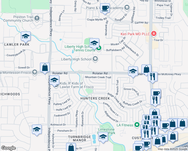map of restaurants, bars, coffee shops, grocery stores, and more near 15064 Mountain Creek Trail in Frisco