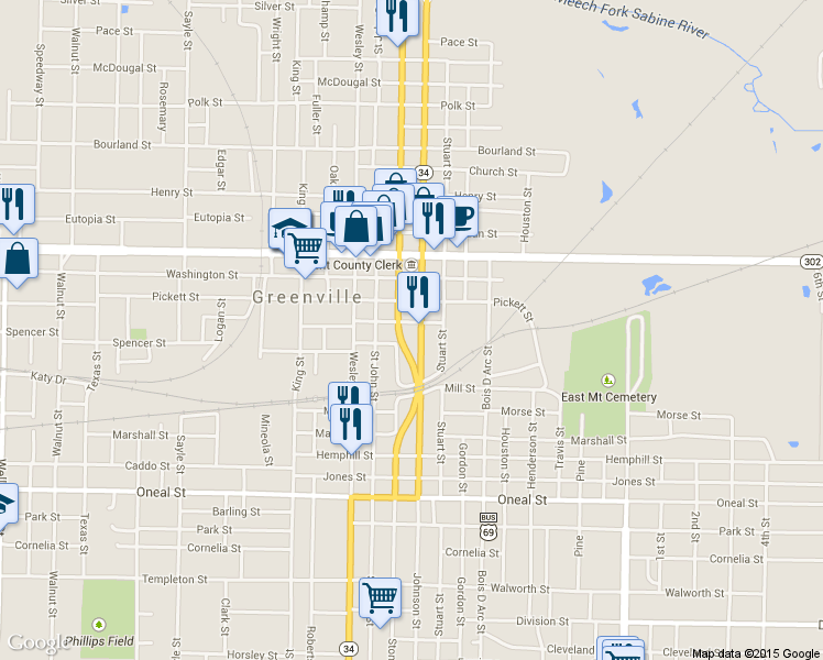 map of restaurants, bars, coffee shops, grocery stores, and more near 2810 Johnson St in Greenville