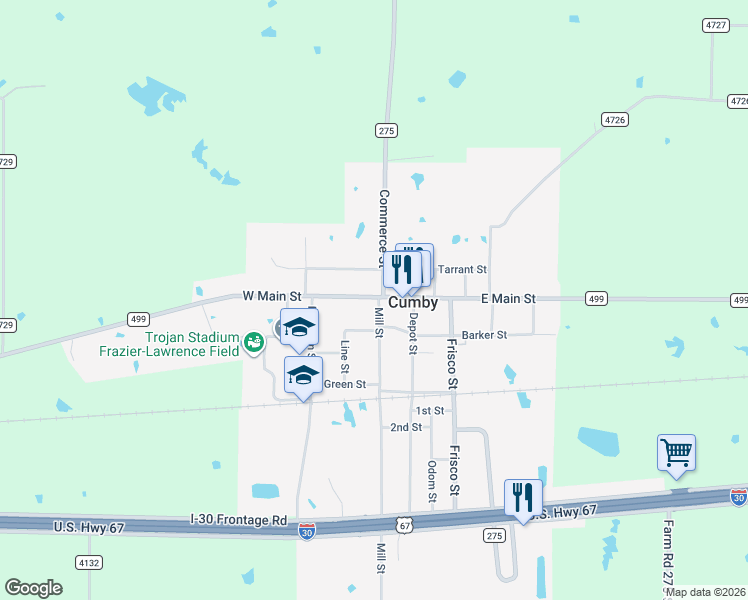 map of restaurants, bars, coffee shops, grocery stores, and more near 58 Commerce Street in Cumby