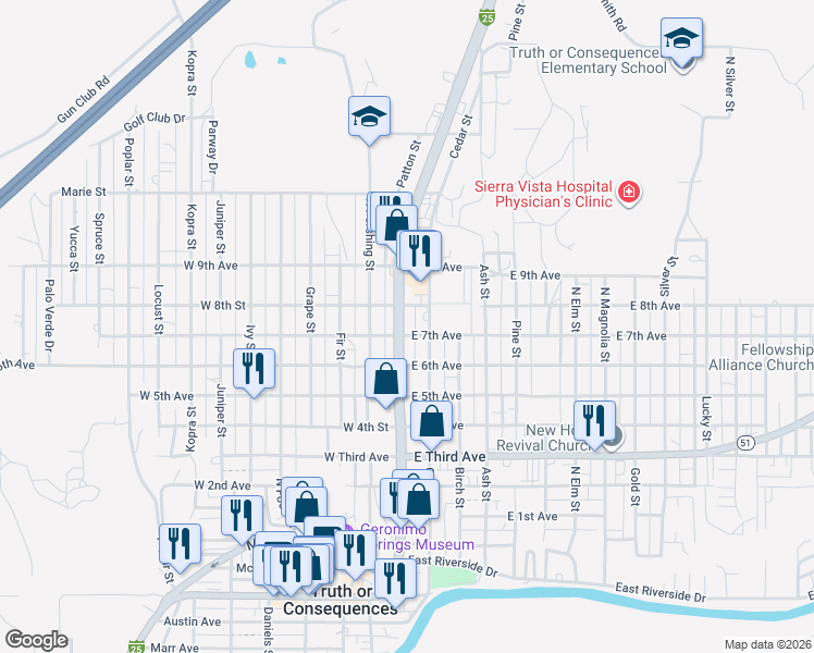 map of restaurants, bars, coffee shops, grocery stores, and more near 410 West 8th Street in Truth or Consequences