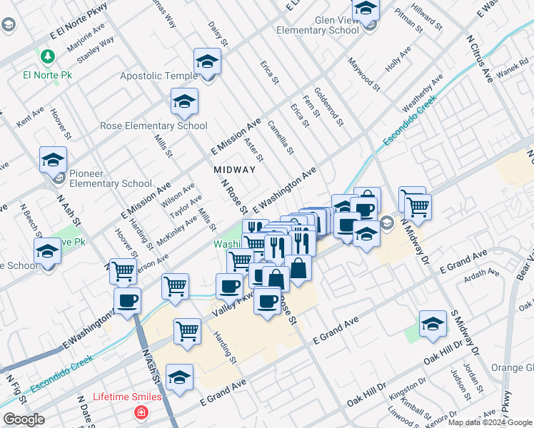 map of restaurants, bars, coffee shops, grocery stores, and more near 1650 East Washington Avenue in Escondido