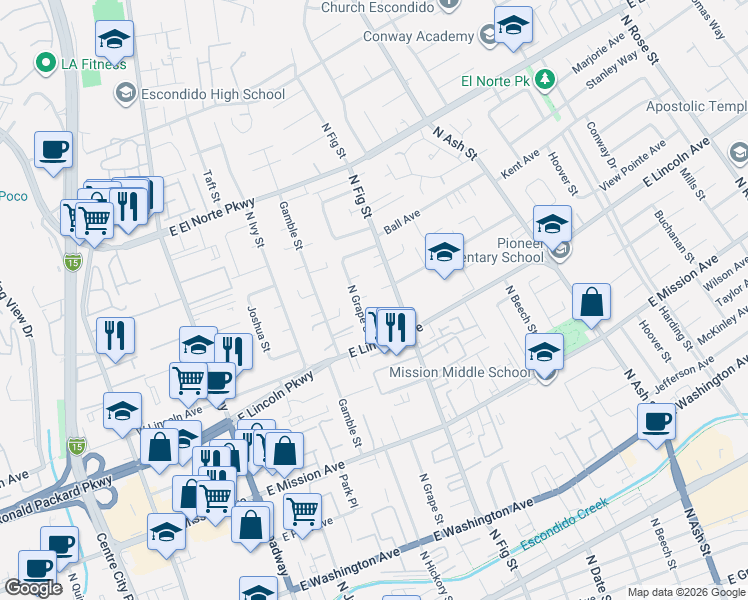 map of restaurants, bars, coffee shops, grocery stores, and more near 1130 North Grape Street in Escondido