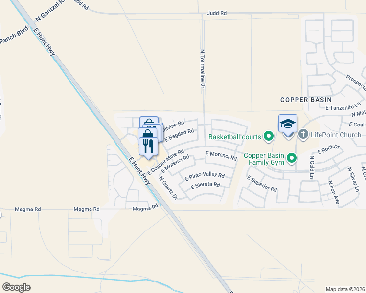map of restaurants, bars, coffee shops, grocery stores, and more near 2782 East Mineral Park Road in San Tan Valley