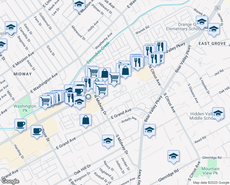 map of restaurants, bars, coffee shops, grocery stores, and more near 2085 East Valley Parkway in Escondido