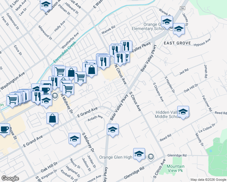 map of restaurants, bars, coffee shops, grocery stores, and more near 211 North Citrus Avenue in Escondido