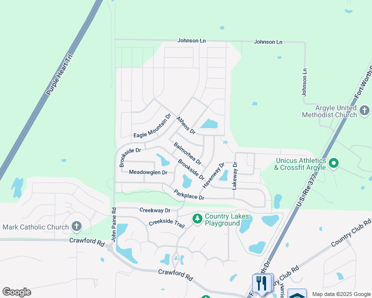 map of restaurants, bars, coffee shops, grocery stores, and more near 5613 Millers Creek Drive in Argyle