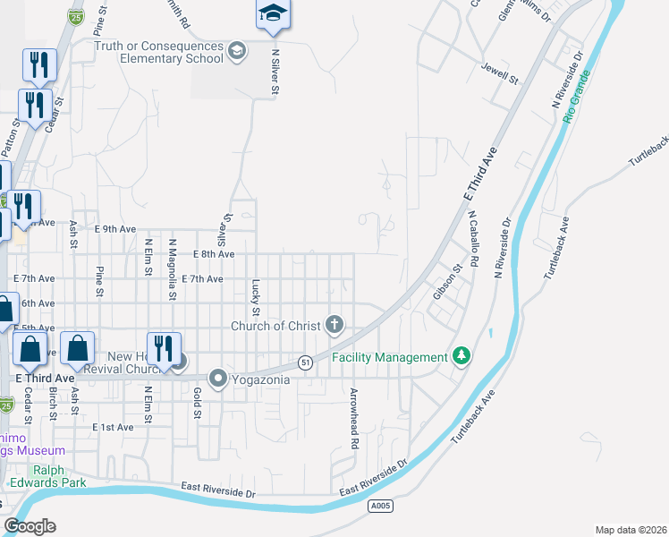 map of restaurants, bars, coffee shops, grocery stores, and more near 1401-1499 East 8th Avenue in Truth or Consequences