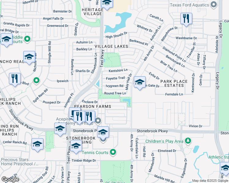 map of restaurants, bars, coffee shops, grocery stores, and more near 3111 Ivygreen Road in Frisco