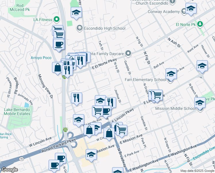 map of restaurants, bars, coffee shops, grocery stores, and more near 1160 North Broadway in Escondido