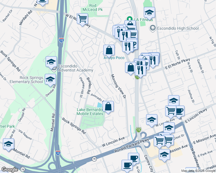 map of restaurants, bars, coffee shops, grocery stores, and more near 1301 Morning View Drive in Escondido