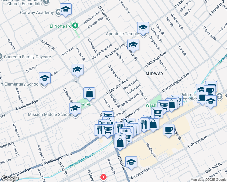 map of restaurants, bars, coffee shops, grocery stores, and more near 1328 East Mission Avenue in Escondido