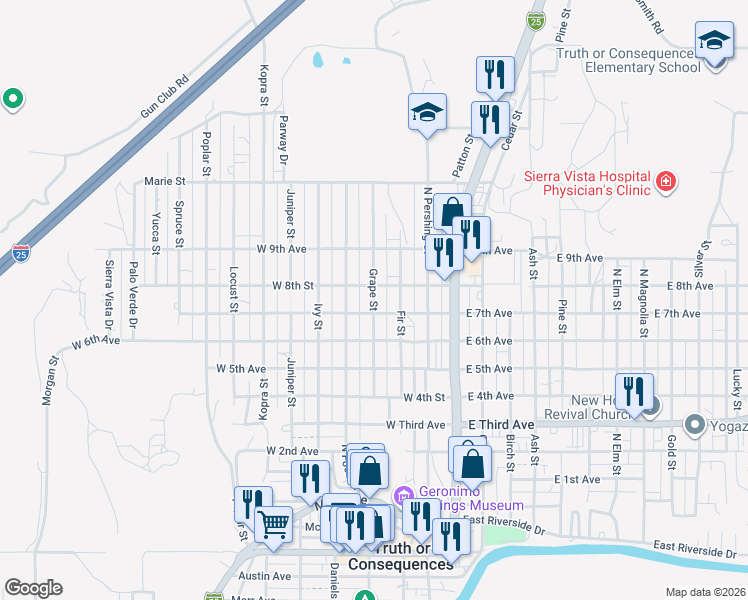 map of restaurants, bars, coffee shops, grocery stores, and more near 798 Grape Street in Truth or Consequences