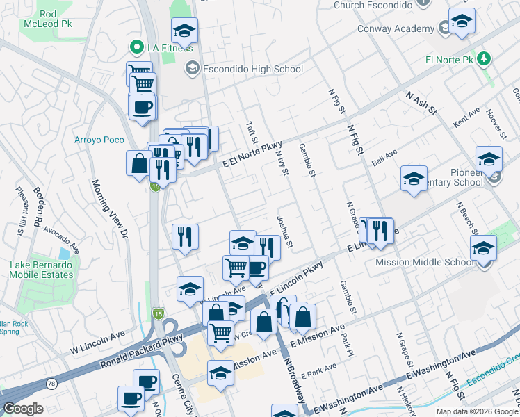 map of restaurants, bars, coffee shops, grocery stores, and more near 1160 North Broadway in Escondido