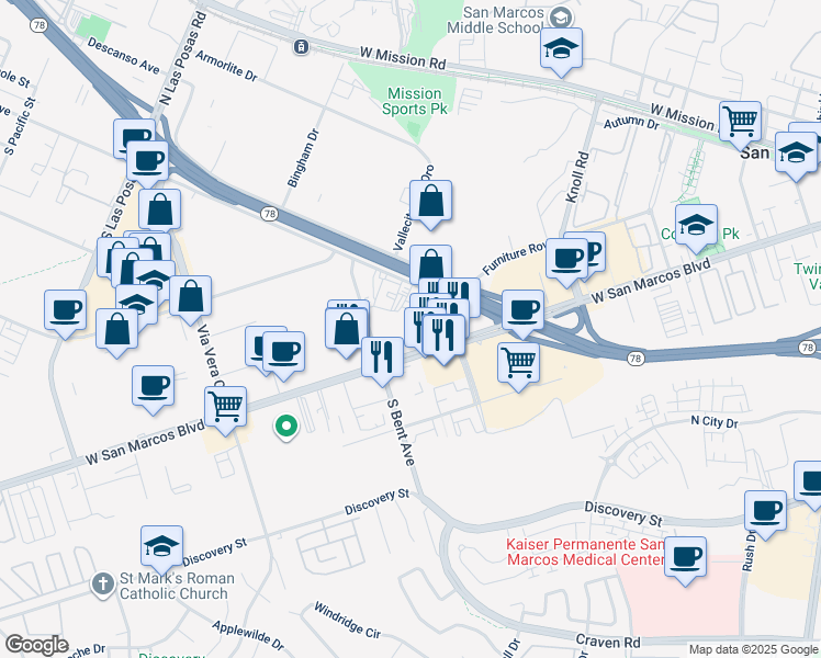 map of restaurants, bars, coffee shops, grocery stores, and more near 815 Grand Avenue in San Marcos