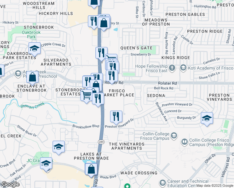 map of restaurants, bars, coffee shops, grocery stores, and more near 7150 Preston Road in Frisco