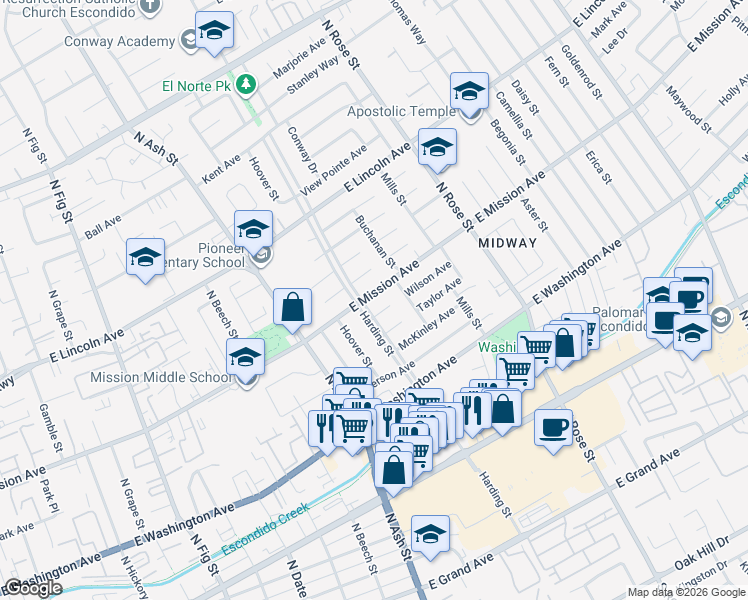 map of restaurants, bars, coffee shops, grocery stores, and more near 1328 East Mission Avenue in Escondido