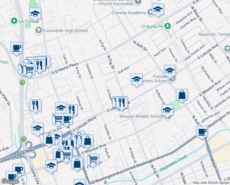 map of restaurants, bars, coffee shops, grocery stores, and more near 1130 North Grape Street in Escondido