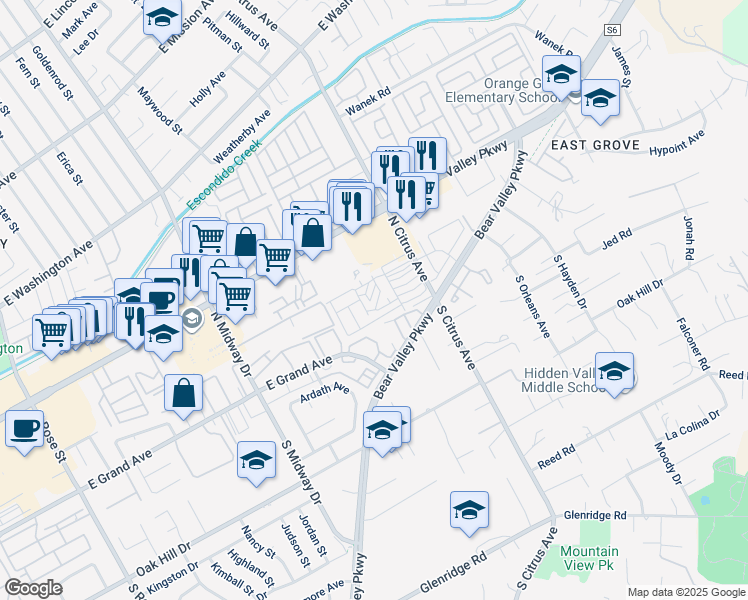 map of restaurants, bars, coffee shops, grocery stores, and more near 211 North Citrus Avenue in Escondido