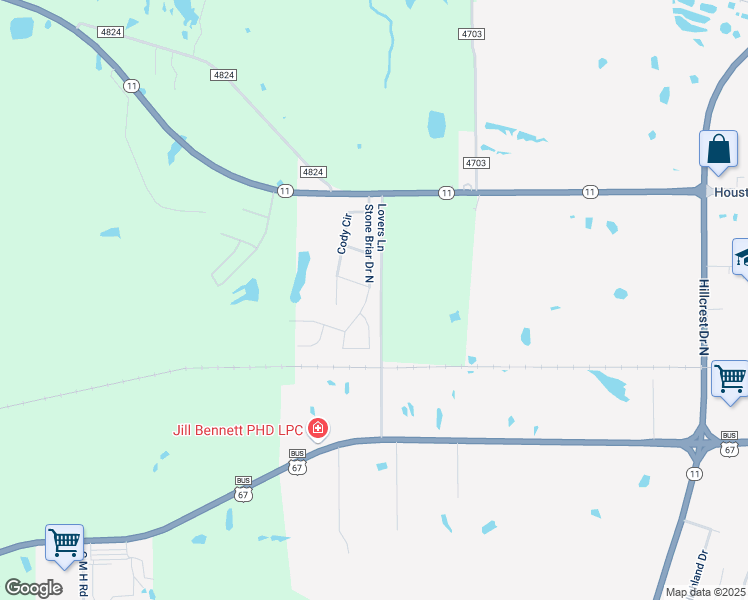 map of restaurants, bars, coffee shops, grocery stores, and more near 416 Stone Briar Drive North in Sulphur Springs