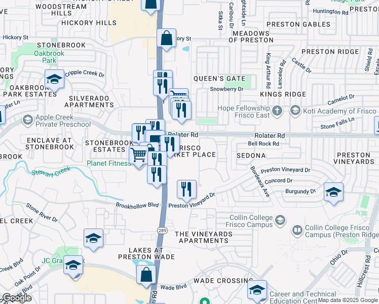map of restaurants, bars, coffee shops, grocery stores, and more near 7150 Preston Road in Frisco