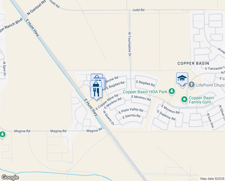 map of restaurants, bars, coffee shops, grocery stores, and more near 2782 East Mineral Park Road in San Tan Valley