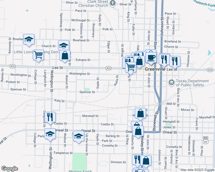 map of restaurants, bars, coffee shops, grocery stores, and more near 3210 Crockett Street in Greenville