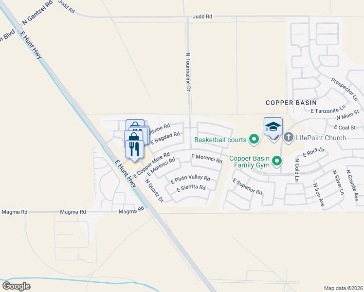 map of restaurants, bars, coffee shops, grocery stores, and more near 2904 East Mineral Park Road in Queen Creek