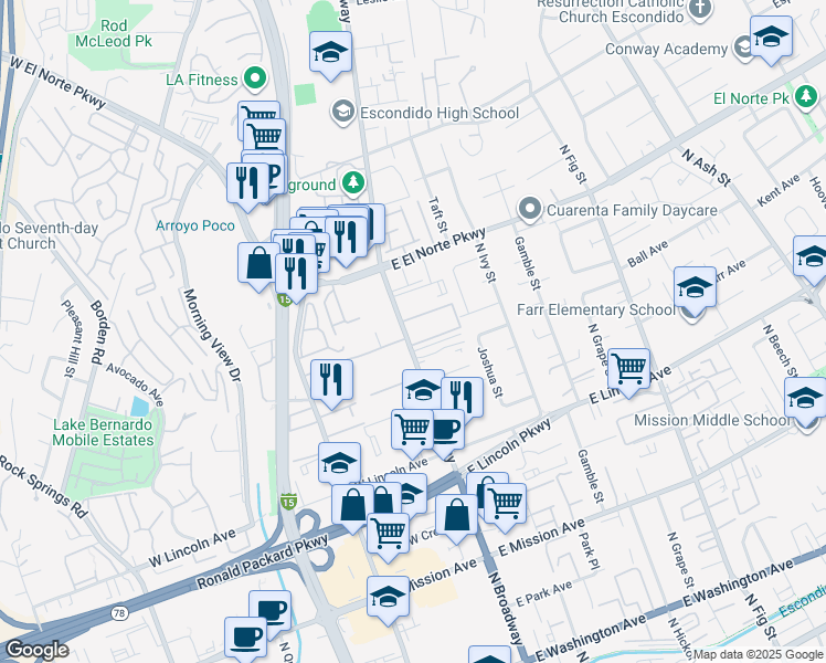 map of restaurants, bars, coffee shops, grocery stores, and more near 1206 North Broadway in Escondido