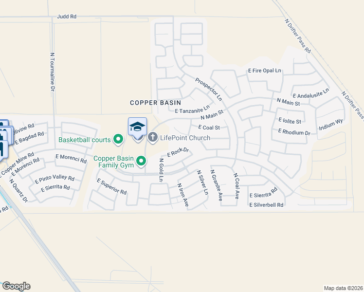 map of restaurants, bars, coffee shops, grocery stores, and more near 4008 East Rock Drive in Queen Creek