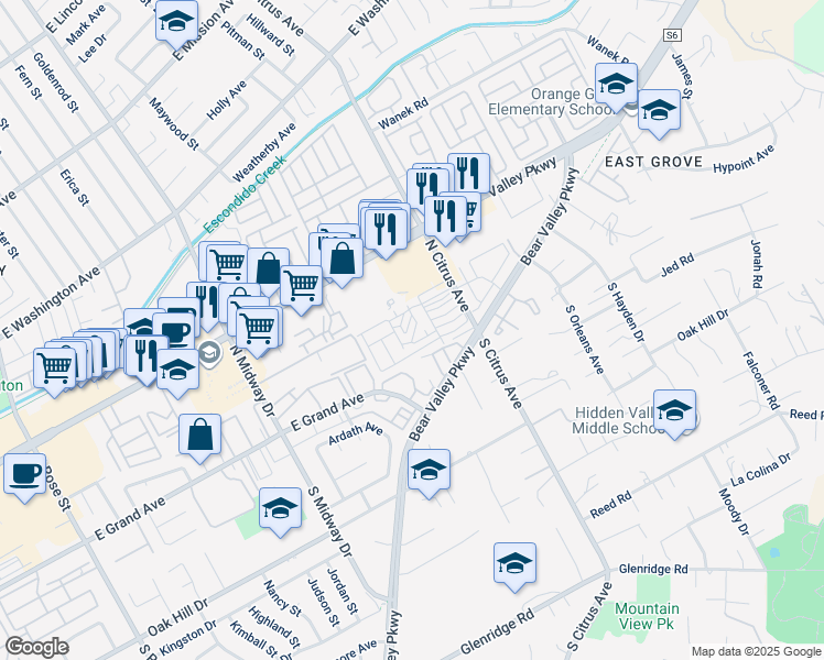 map of restaurants, bars, coffee shops, grocery stores, and more near 211 North Citrus Avenue in Escondido