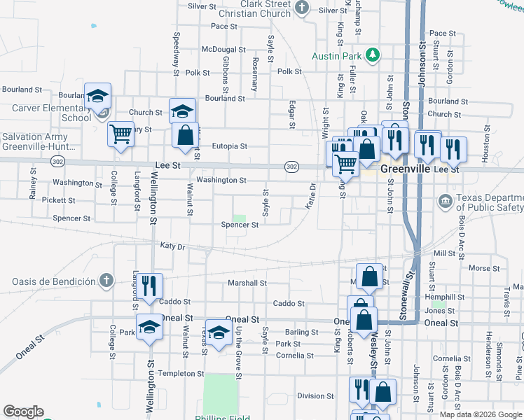map of restaurants, bars, coffee shops, grocery stores, and more near 2804 Sayle Street in Greenville
