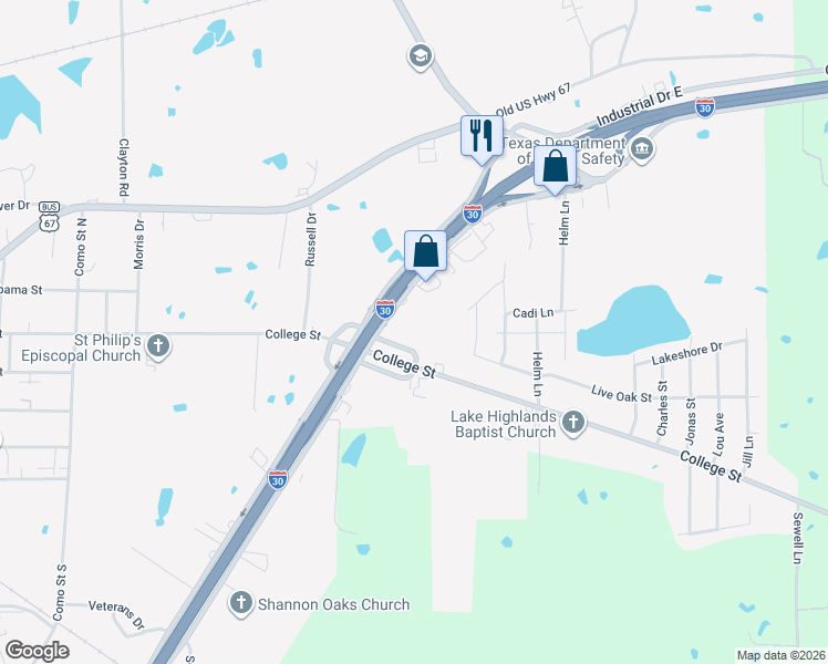 map of restaurants, bars, coffee shops, grocery stores, and more near 1300 Shannon Road East in Sulphur Springs