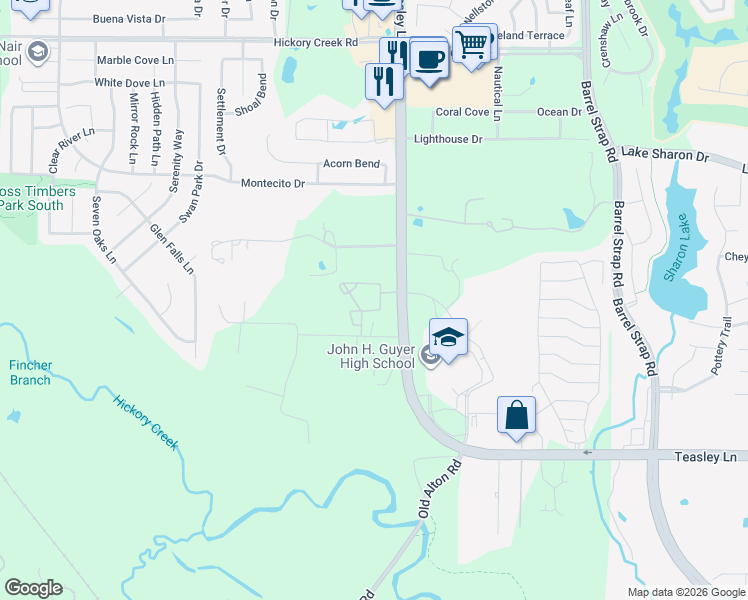 map of restaurants, bars, coffee shops, grocery stores, and more near 3600 Cedar Creek Lane in Denton