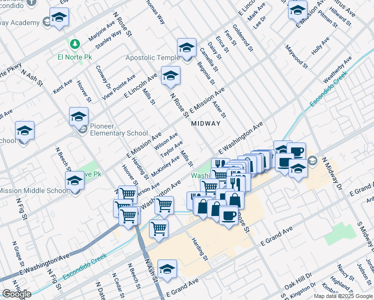 map of restaurants, bars, coffee shops, grocery stores, and more near 684 Mills Street in Escondido