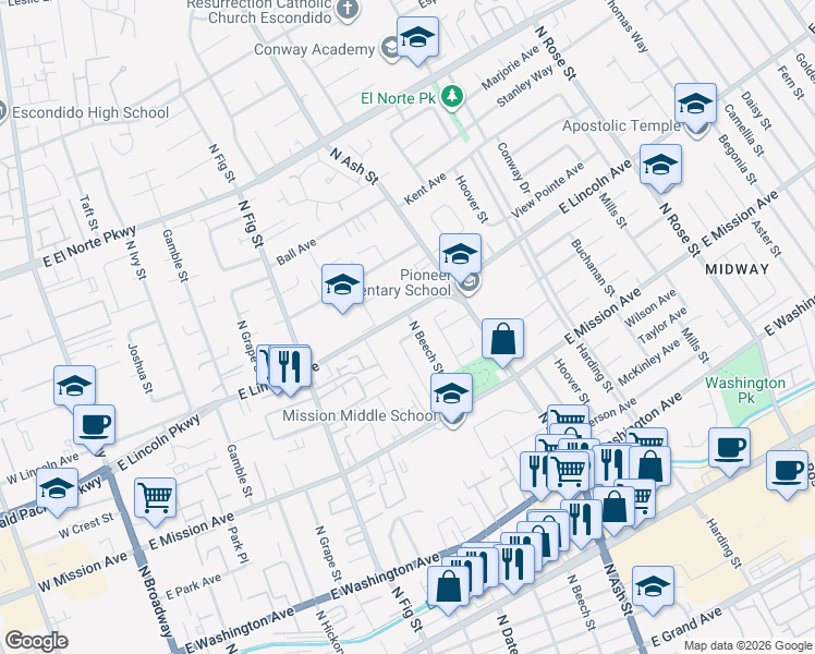 map of restaurants, bars, coffee shops, grocery stores, and more near 965 North Beech Street in Escondido