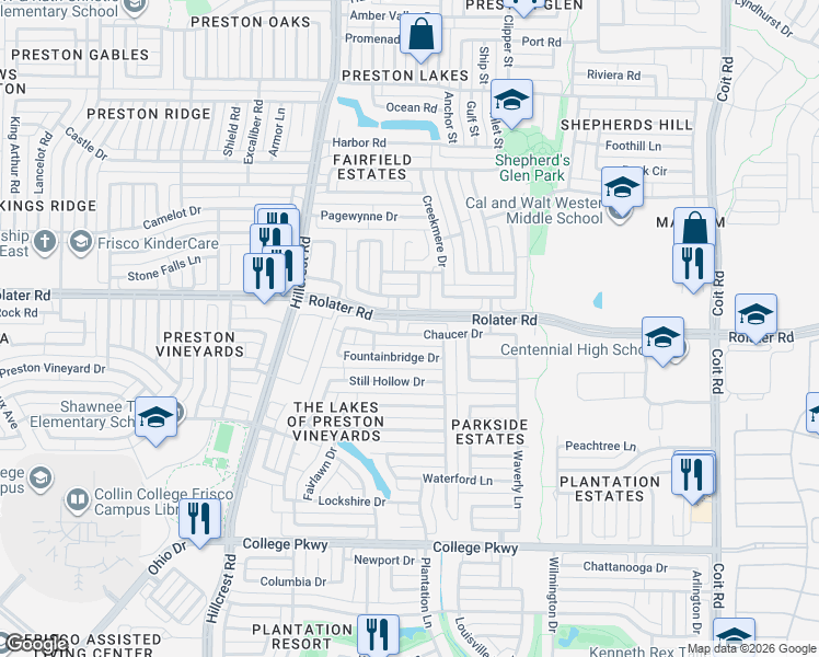 map of restaurants, bars, coffee shops, grocery stores, and more near 11446 Chaucer Drive in Frisco