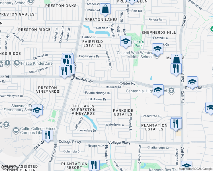 map of restaurants, bars, coffee shops, grocery stores, and more near 11446 Chaucer Drive in Frisco