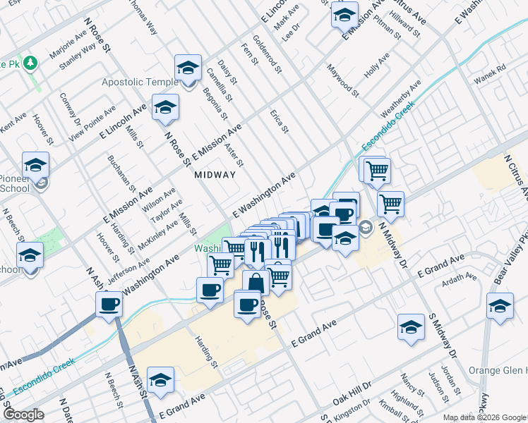 map of restaurants, bars, coffee shops, grocery stores, and more near 569 Aster Street in Escondido