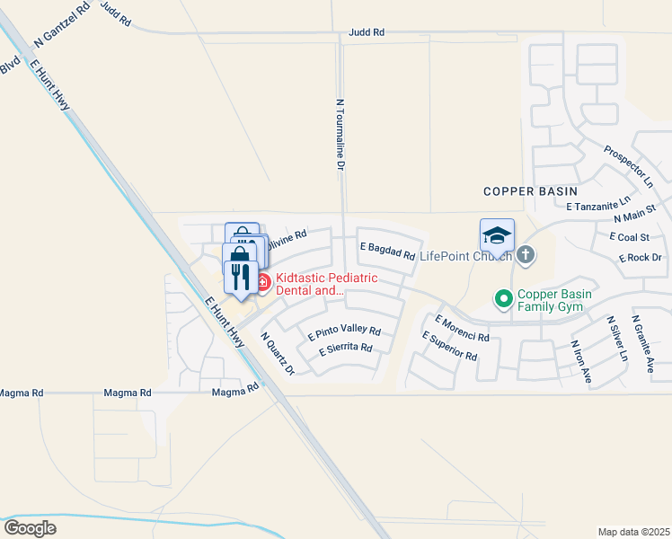 map of restaurants, bars, coffee shops, grocery stores, and more near 2937 East Mineral Park Road in San Tan Valley