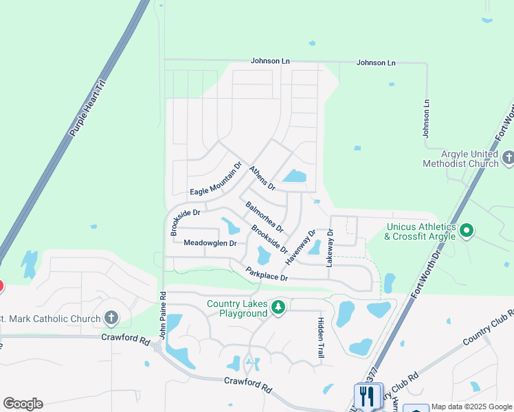 map of restaurants, bars, coffee shops, grocery stores, and more near 5616 Balmorhea Drive in Argyle