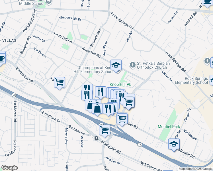map of restaurants, bars, coffee shops, grocery stores, and more near 852 Avenida Ricardo in San Marcos