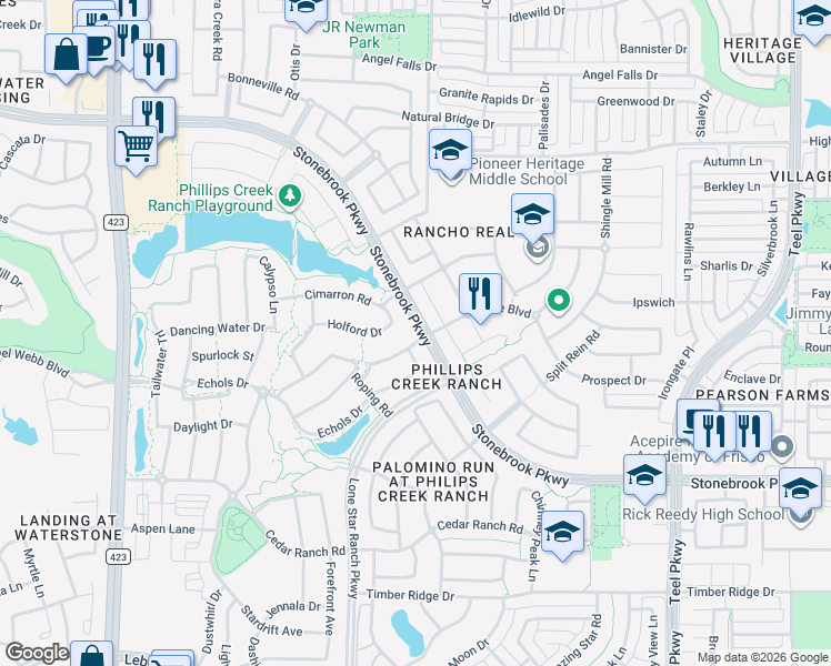 map of restaurants, bars, coffee shops, grocery stores, and more near 1559 Bridle Boulevard in Frisco