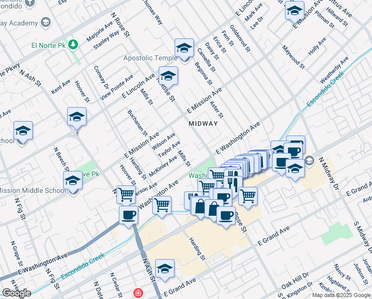 map of restaurants, bars, coffee shops, grocery stores, and more near 684 Mills Street in Escondido
