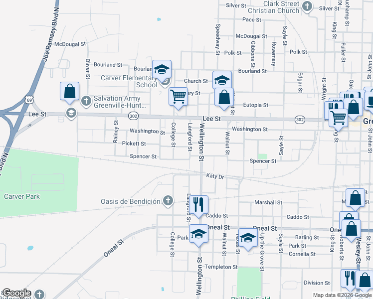 map of restaurants, bars, coffee shops, grocery stores, and more near 2621 College Street in Greenville