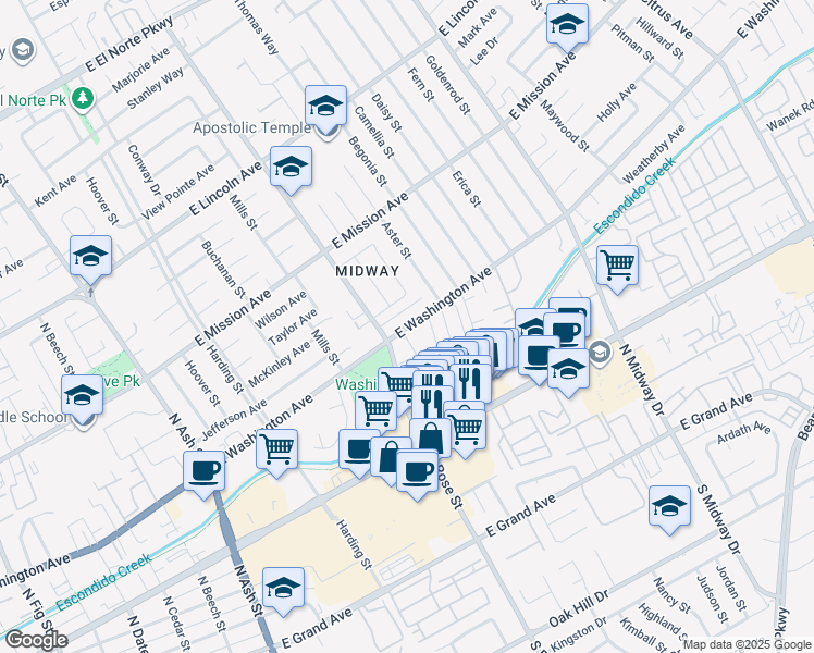 map of restaurants, bars, coffee shops, grocery stores, and more near 1650 East Washington Avenue in Escondido