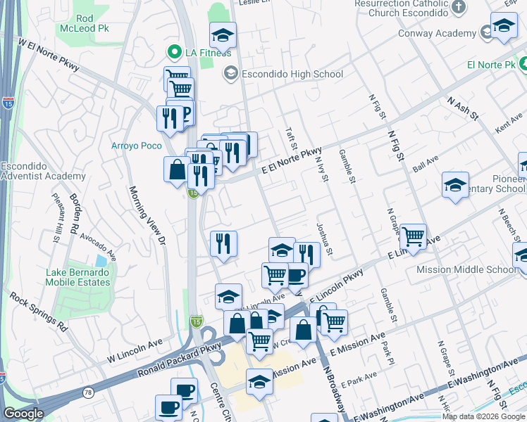map of restaurants, bars, coffee shops, grocery stores, and more near 1214 North Broadway in Escondido