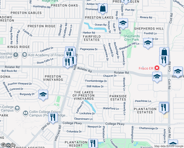 map of restaurants, bars, coffee shops, grocery stores, and more near 11264 Chaucer Drive in Frisco