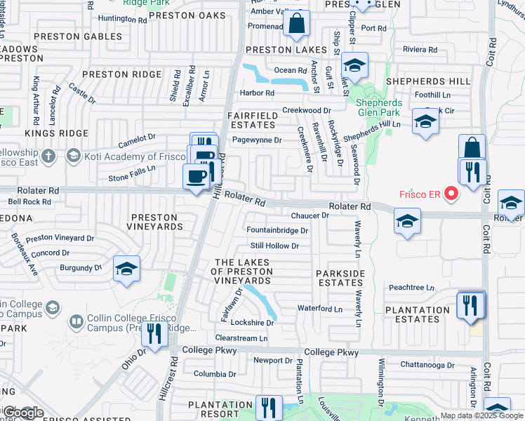map of restaurants, bars, coffee shops, grocery stores, and more near 11264 Chaucer Drive in Frisco